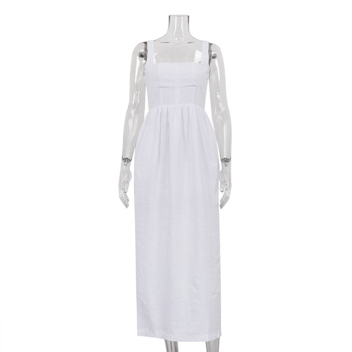 Spring Summer White Cami Dress Women Casual Fold Split A line Long Dress-White-Fancey Boutique