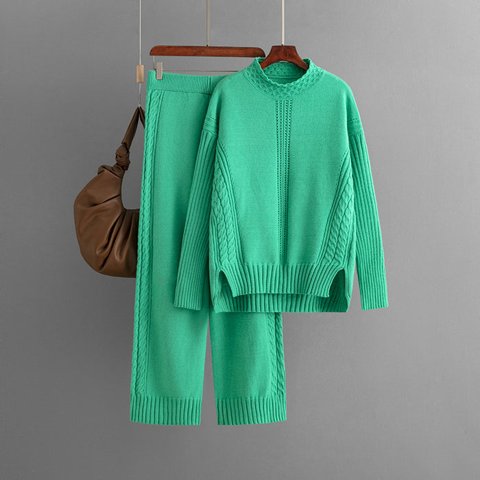 Color-Green-Suit Women Autumn Winter Casual Solid Color Loose Knitted Mock Neck Sweater Two Piece Set-Fancey Boutique