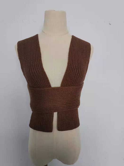Color-Brown-Women Clothing Sexy Lace-up Sweater Inner Wear Outer Wear DIY Modeling Variety Woolen Tied Top-Fancey Boutique