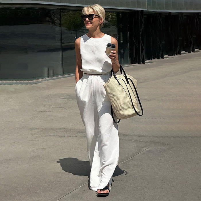 Cotton Linen Suit Short Summer Sleeveless Elastic Cropped Outfit Top Trousers Slit Two Piece Set-Fancey Boutique