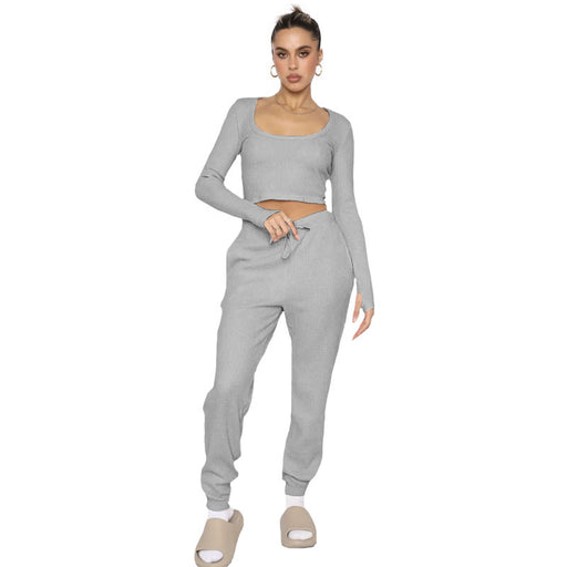 Color-Gray-Autumn Winter U Collar Pullover Long Sleeved Women Two Piece Suit Casual Trousers-Fancey Boutique