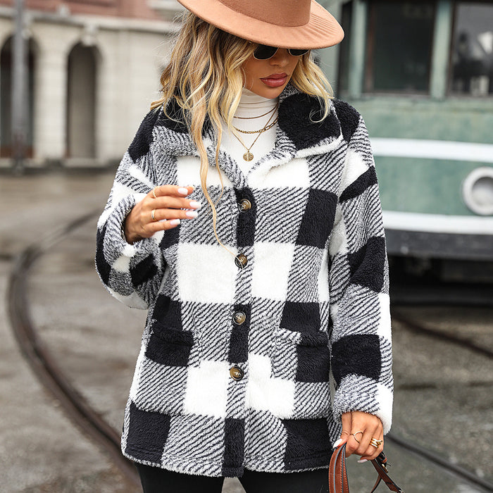 Color-Multi-Autumn Winter Women Collared Long Sleeve Mid Length Plaid Single Breasted Plush Casual Jacket-Fancey Boutique