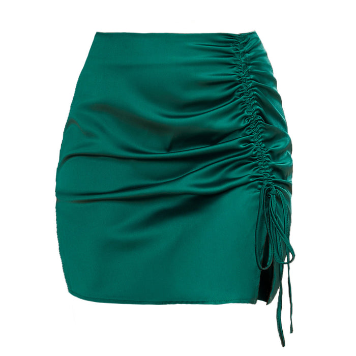 Color-Green-Solid Color Pleating Hip Skirt Sexy High Waist Zipper Satin Skirt Women Summer Women Clothing-Fancey Boutique