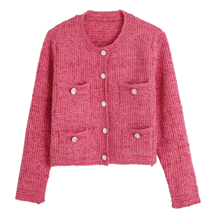 Women Clothing French All Match Pocket Decoration Classic Knitted Cardigan Coat-Coral Red-Fancey Boutique