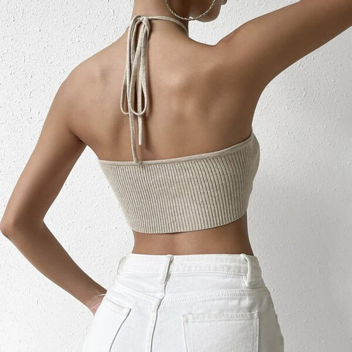 Sexy Sexy Women Clothing Short Temperamental Backless Halter Lace Up Knitted Vest Top Women-Fancey Boutique