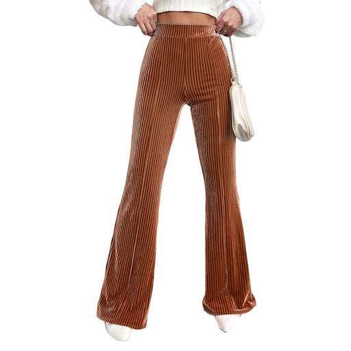 Solid Color High Waist Flared Pants Women Autumn Winter Corduroy Wide Leg Casual Pants Women-Brown-Fancey Boutique