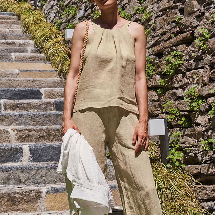 Summer Halterneck Vest French Pure Linen Office All Matching Sleeveless Off Shoulder Top Women-Khaki-Fancey Boutique