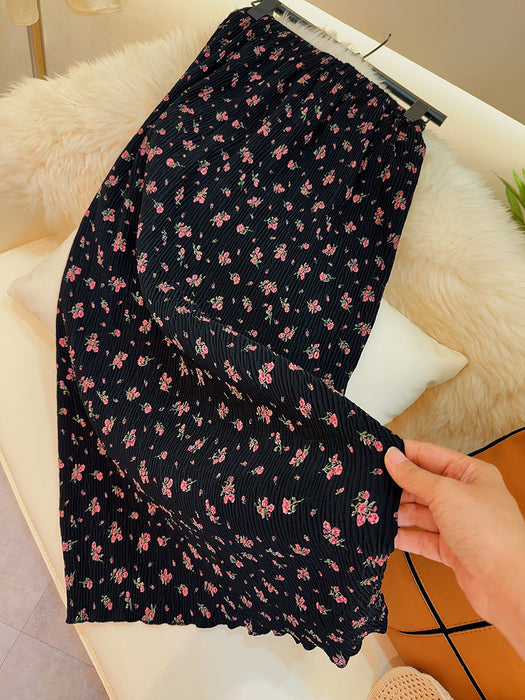 Vintage Floral Split Skirt Summer New High Waisted A Line Midi Length Skirt-Small pink flower-Fancey Boutique
