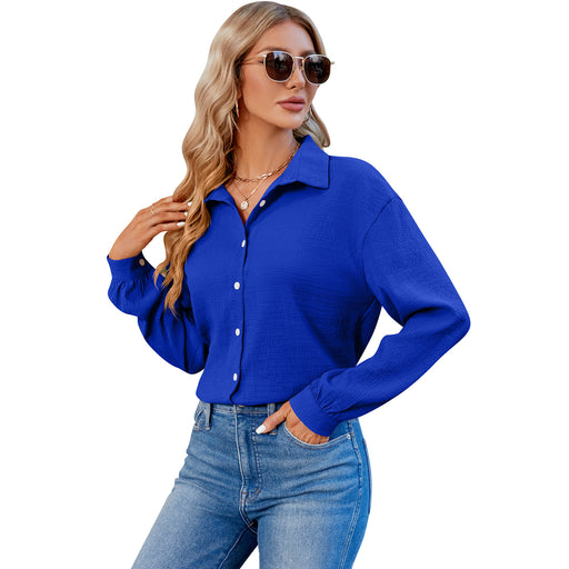 Color-Blue-Women V Neck Button Down Shirt Solid Color Bubble Wrinkle Loose Long Sleeve Shirt Top-Fancey Boutique