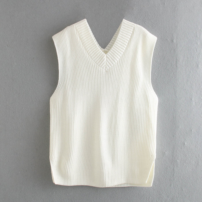 Color-White-Autumn Winter White Loose Split V neck Sleeveless Knit Vest Vest Women Mid Length Sweater-Fancey Boutique