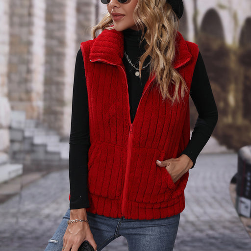 Color-Red-Fall Women Collared Sleeveless Loose Striped Zipper Plush Casual Jacket-Fancey Boutique