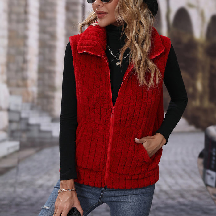 Color-Red-Fall Women Collared Sleeveless Loose Striped Zipper Plush Casual Jacket-Fancey Boutique