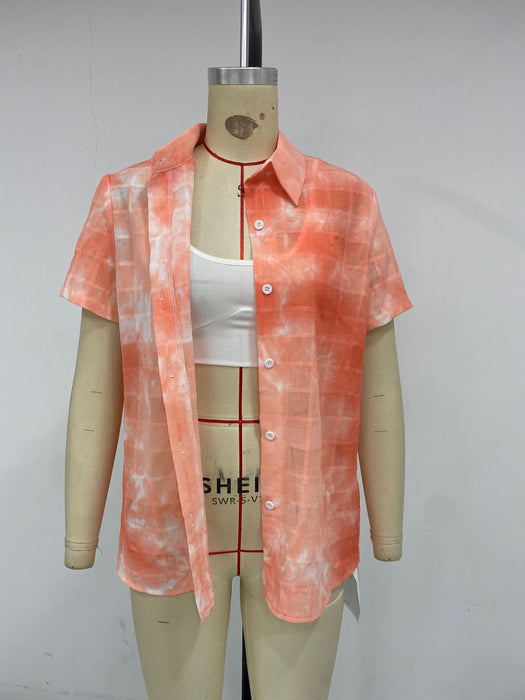 Women Clothing Summer Tie Dyed Slim Shirt Collar Short Sleeve Women Shirt-Orange-Fancey Boutique