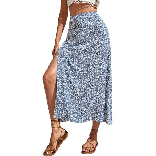 Color-light blue-Summer Floral Skirt Split A- line Sheath Mid-Waist Skirt-Fancey Boutique