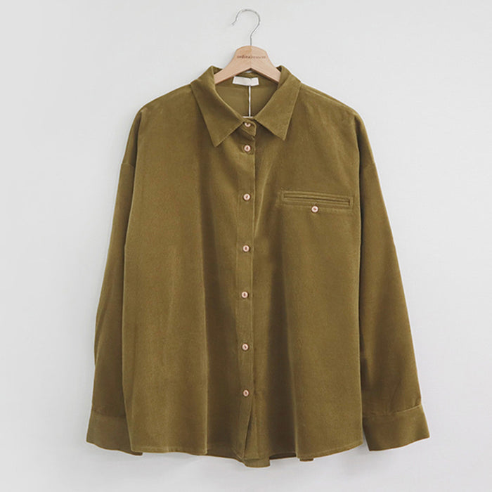 Color-Olive Green-Niche Cardigan Corduroy Collared Shirt Cotton Long Sleeve Loose Top-Fancey Boutique