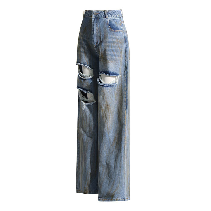 Spring Niche Design Mid Waist Personality Ripped Edging Painted Long Denim Wide Leg Pants for Women-Fancey Boutique