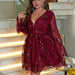 Color-Wine Red-plus Size Autumn Dress V neck Embroidery Party Cocktail Evening Dress-Fancey Boutique