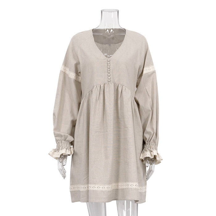 Women Clothing Summer Cotton Linen French Dress Office V neck Lantern Sleeve Loose Dress-Khaki-Fancey Boutique