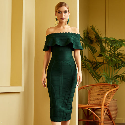 Color-Green-Original Slim Fit Bandage Dress Party Dress Banquet Host Sheath off-Neck Dress-Fancey Boutique