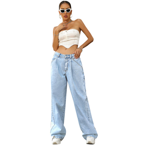 Women Clothing Trendy Thin Looking Casual High Waist Loose Denim Trousers-Light Blue-Fancey Boutique