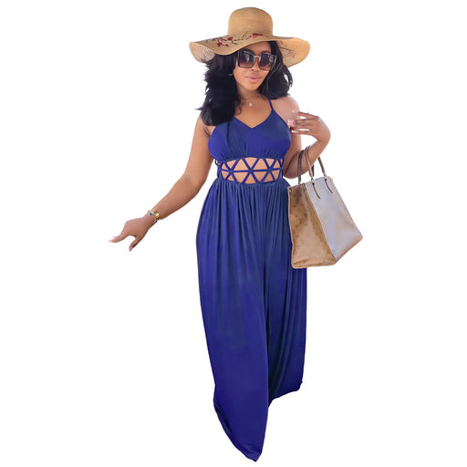 Color-Blue-Sexy High Waist Hollow Out Cutout Backless Lace up Casual Split Women Dress-Fancey Boutique