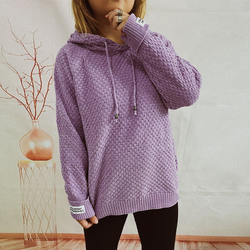 Color-Purple-Autumn Winter Hoodie Knitwear Loose Solid Color Patch Sweater Pullover for Women-Fancey Boutique