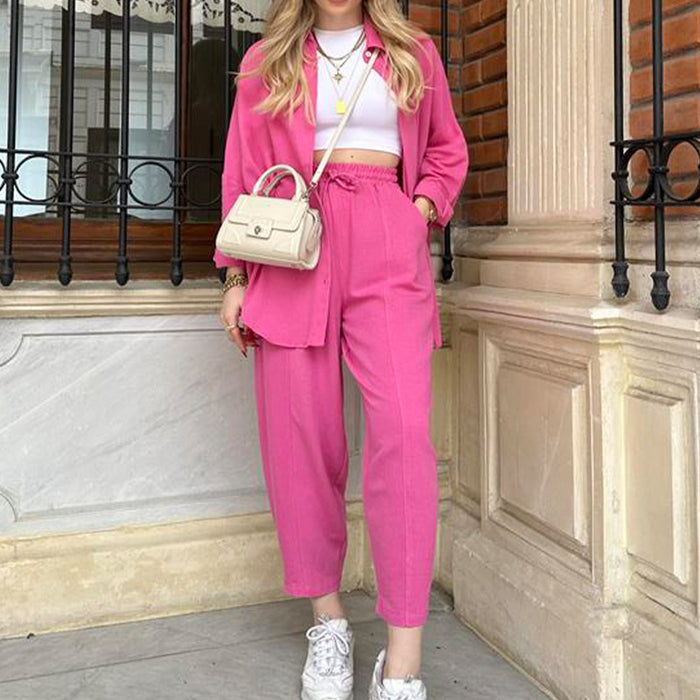 Color-Pink-Casual Suit All Match Loose Shirt High Waist Skinny Pants Two Piece Set-Fancey Boutique