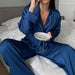 Autumn Satin Long Sleeved Trousers Pajamas Loose Artificial Silk Ladies Homewear-Blue-Fancey Boutique