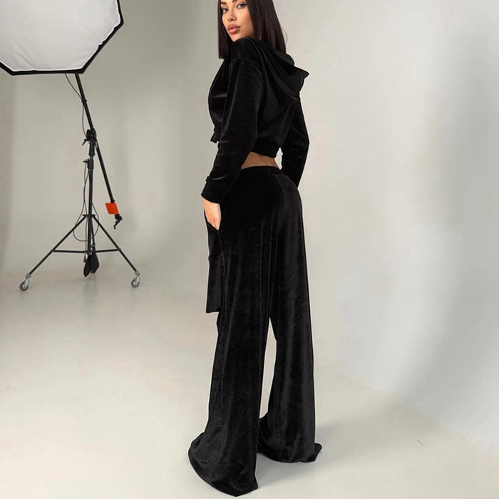 Color-Black-Winter Gold Velvet Hooded Cropped Zipper Coat High Waist Hip Lift Ripped Trousers Suit Women-Fancey Boutique