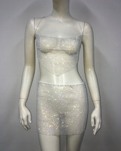 Color-White-Women Clothing Two Piece Suit Music Festival Sequin Sling Skirt Set Sexy Top Mini Skirt-Fancey Boutique