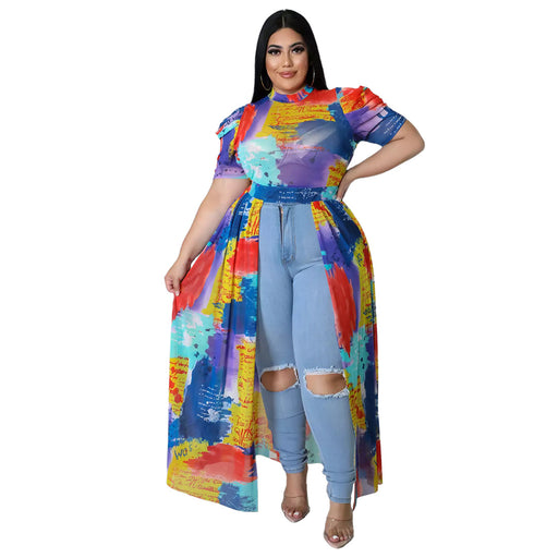 Color-Multi-plus Size Women Nightclub Uniforms Oversleeves Mesh Hollow Out Cutout Dress Top-Fancey Boutique