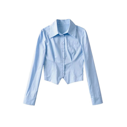 Color-Blue-Spring Single Breasted Collared Hem Irregular Asymmetric Short Small Shirt Top Niche Long Sleeve Shirt Women-Fancey Boutique