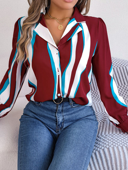 Color-Burgundy-Autumn Winter Casual Contrast Color Striped Suit Collar Long Sleeve Shirt Women-Fancey Boutique