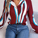 Color-Burgundy-Autumn Winter Casual Contrast Color Striped Suit Collar Long Sleeve Shirt Women-Fancey Boutique