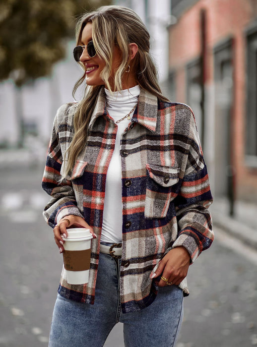 Color-Brown-Plaid Shacket Autumn Winter Long Sleeved Shirt Casual Women-Fancey Boutique