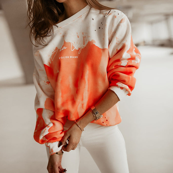Color-Orange-Women Clothes Printed Tie-Dyed Long Sleeve round Neck T- Sweater for Women Sweatshirt-Fancey Boutique