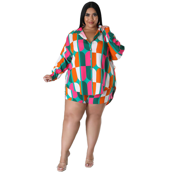 Color-Rose Geometry-Plus Size Spring Printing Collared Tropical Shirt Shorts Casual Ladies-Fancey Boutique