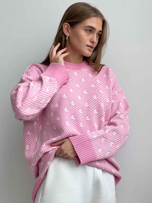 Round Neck Sailing Sweater Winter Loose Knitted Pullover Autumn Winter Sweater for Women-Pink-Fancey Boutique