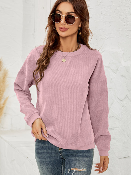 Color-Pink-Women Clothing Corduroy Sweater Women Casual round Neck Long Sleeve Top Autumn Winter-Fancey Boutique
