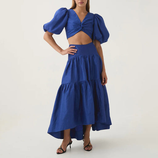 Summer Two Piece V Neck Puff Sleeve Short Top Ruffled Skirt Set Women-Fancey Boutique