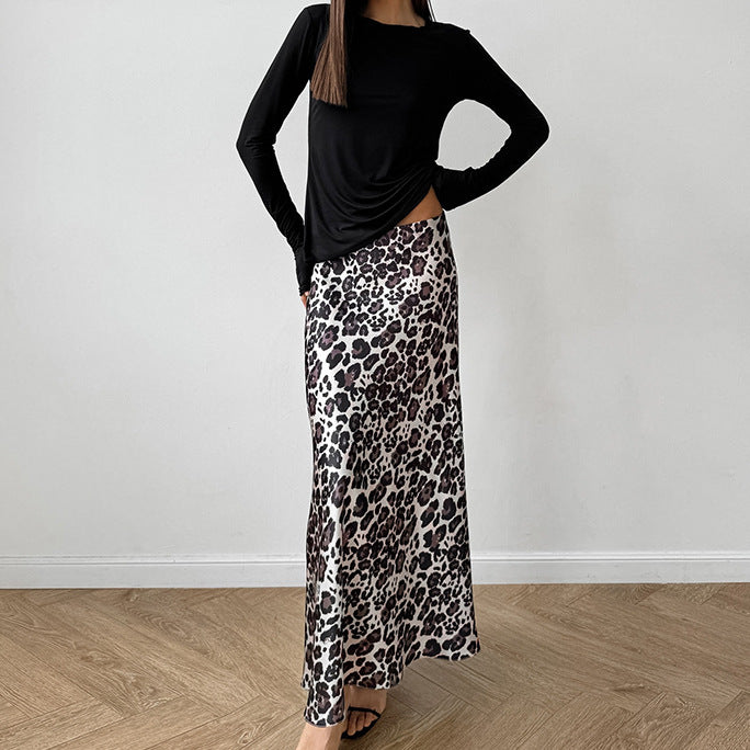 Leopard Print Satin A Swing Skirt Autumn Arrival All Match Long Skirt for Women-Fancey Boutique