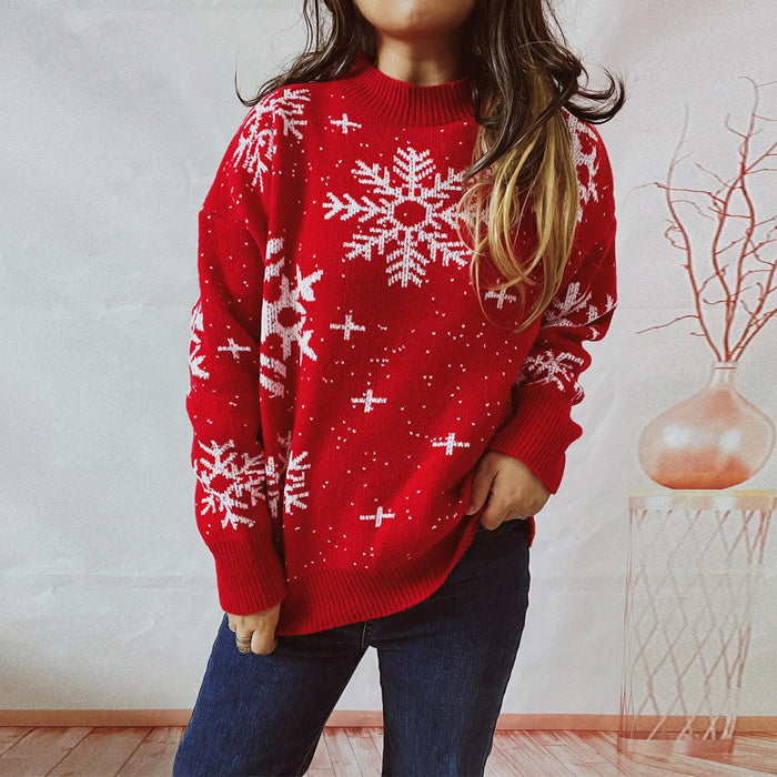 Color-Red-Autumn Winter Thickened Year Sweater Christmas Snowflake Round Neck Long Sleeve Knitted Pullover-Fancey Boutique