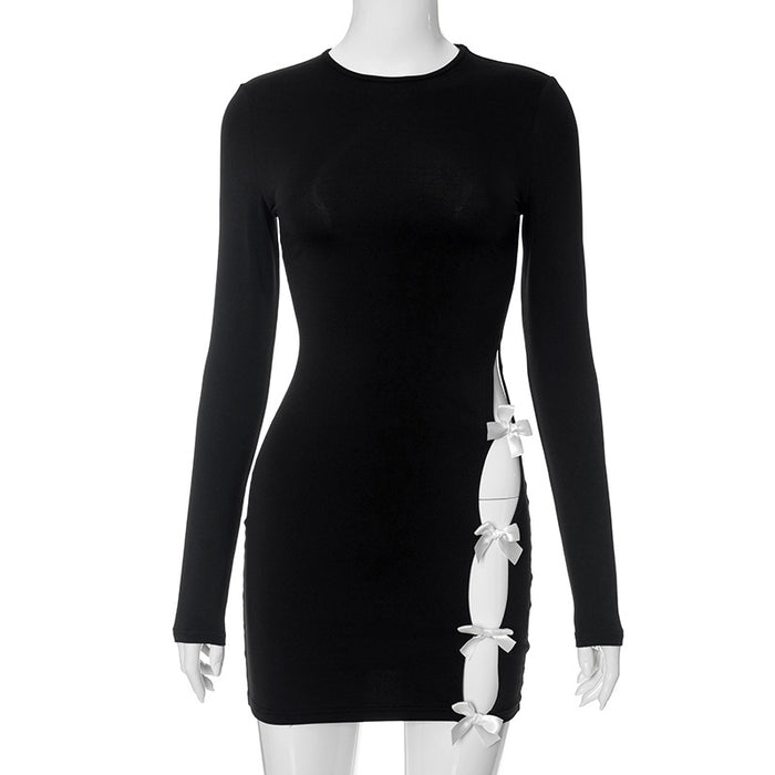 Color-Black-Women Clothing Autumn Winter Long Sleeve Slim Fit Bow Hollow Out Cutout Dress-Fancey Boutique