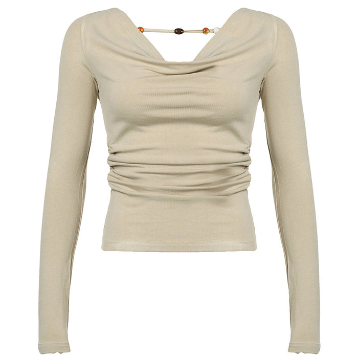 Beaded Hollow Out Cutout Design Bare Back Swing Collar Reverse Solid Color Short Top Sexy Sexy Slimming Long Sleeves-Khaki-Fancey Boutique