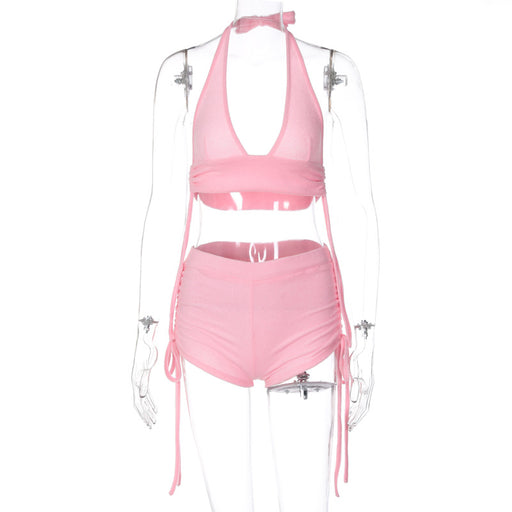 Color-Pink-Summer Women Collection Sexy Halter Wrapped Chest Slim Fit Ruched Shorts Two Piece Set sets-Fancey Boutique