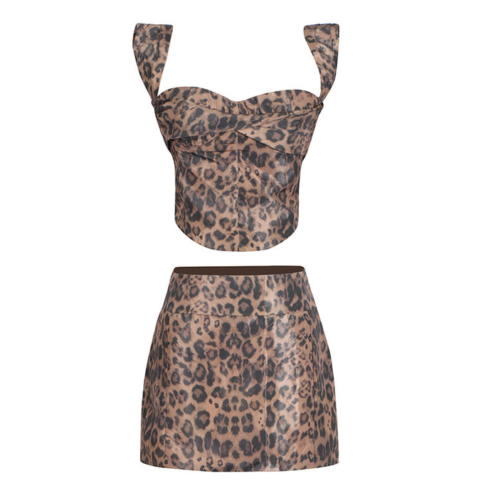 Summer Sexy Leopard Print Sling Short Top High Waist Short Hip Skirt Two Piece Set for Women-Fancey Boutique