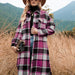 Color-Coral Red-Autumn Winter Women Plaid Trench Coat-Fancey Boutique