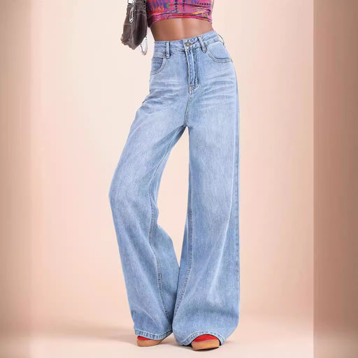 Draping Effect Pants Retro High Waist Loose Casual Wide Leg Pants Straight Pants Jeans Women Jeans-Light Blue-Fancey Boutique