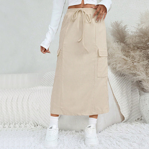 Color-Apricot-Women Clothing Autumn Winter Loose Casual Straight Leg Split Long Skirt Drawstring Workwear Skirt-Fancey Boutique