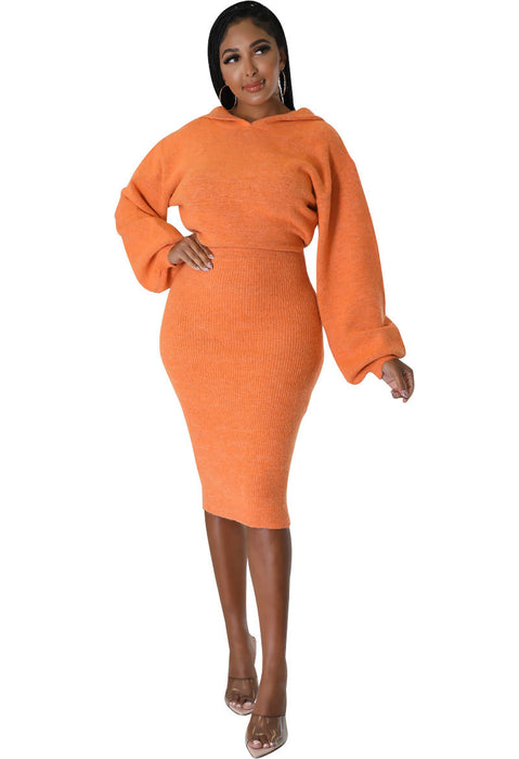 Color-Orange-WomenClothing Dress Long Sleeve Solid Color Dress Autumn-Fancey Boutique